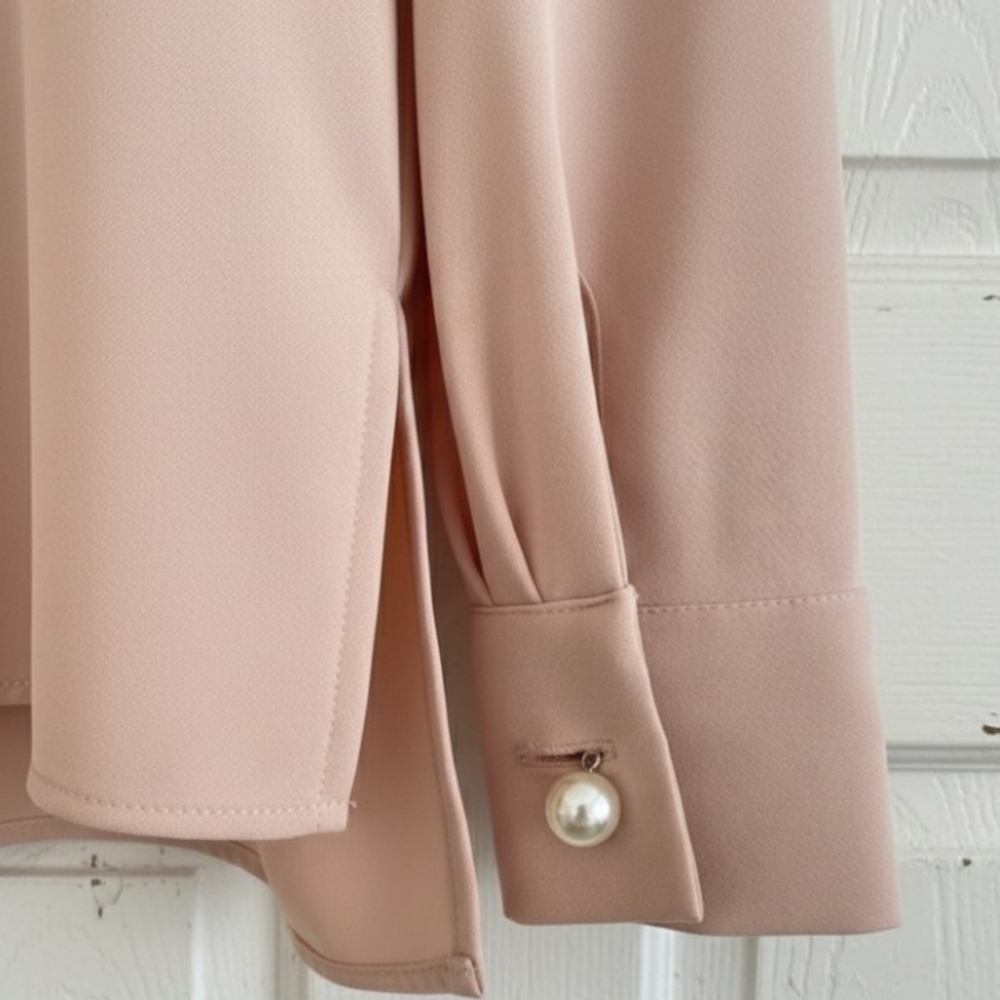 ZARA Cream Sheer V-Neck Blouse Pearl Cuff Sleeve Size S - Picture 4 of 10